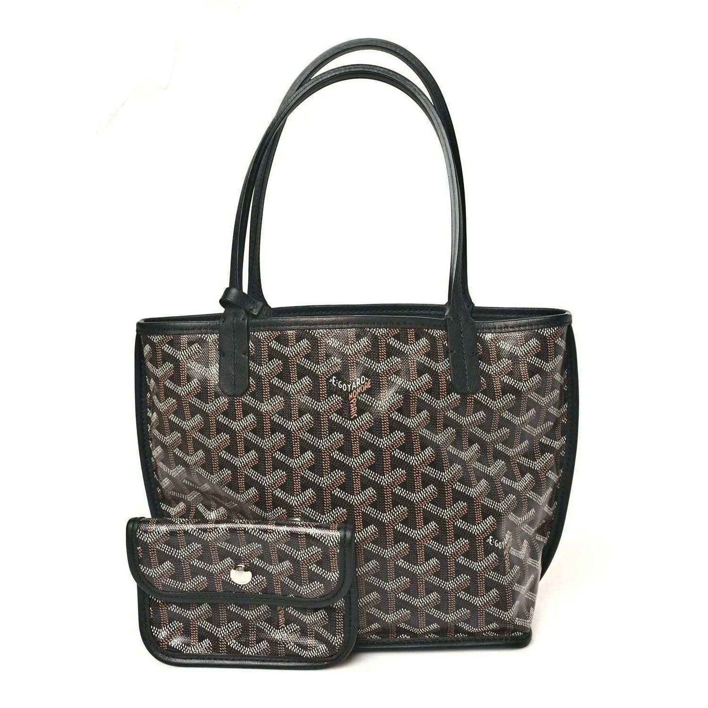 Goyard monogram reversible mini tote bag with front flap pocket and black handles.