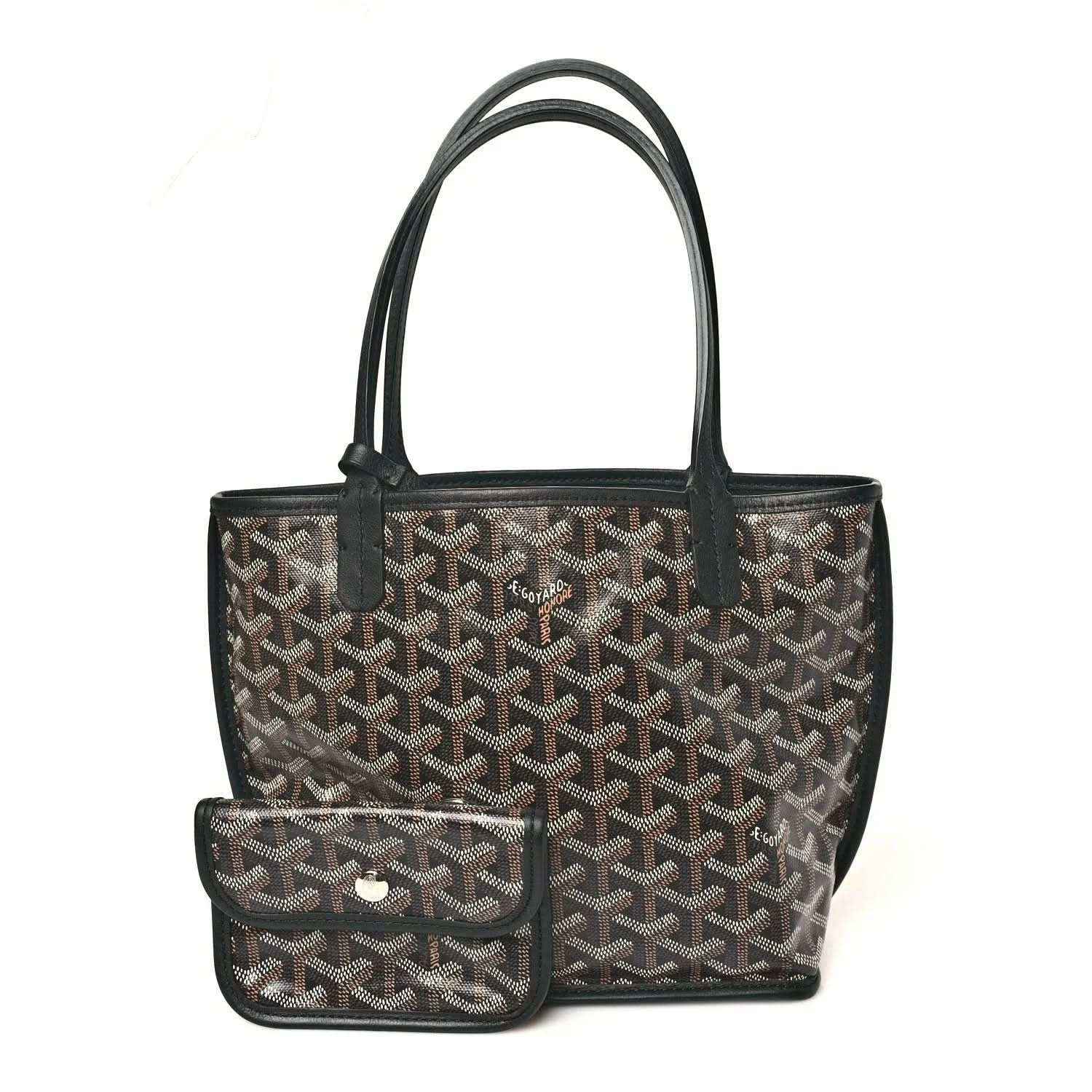 Goyard monogram reversible mini tote bag with front flap pocket and black handles.