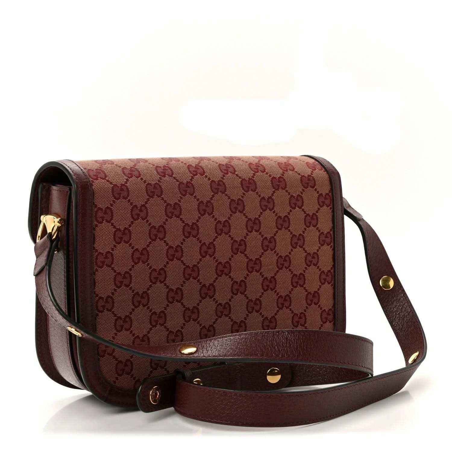Gucci shoulder bag, burgundy monogram canvas with front flap and leather crossbody strap