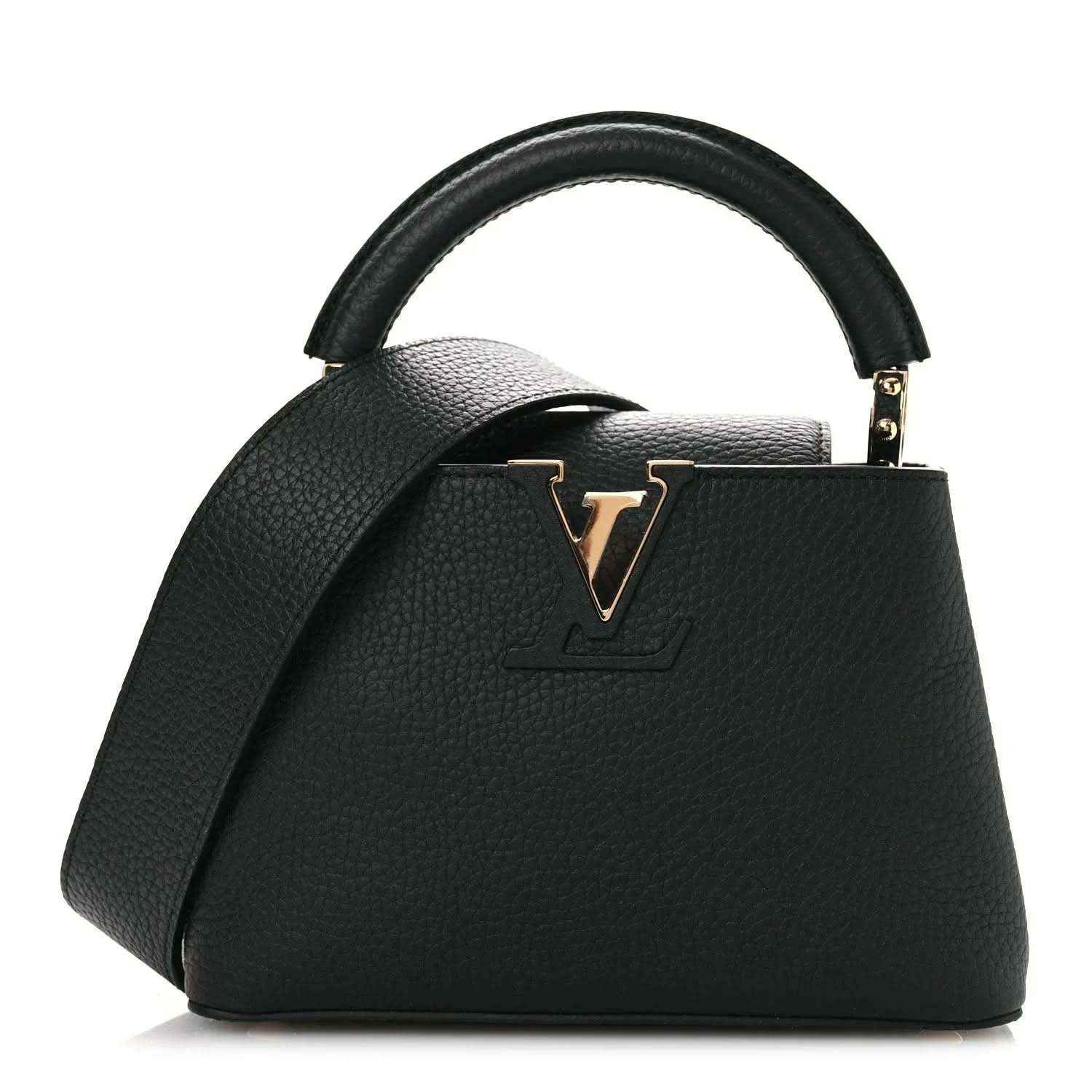 Louis Vuitton black leather mini crossbody handbag with LV clasp and top handle