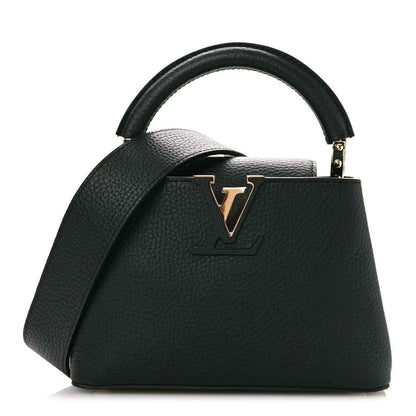 Louis Vuitton black leather mini crossbody handbag with LV clasp and top handle