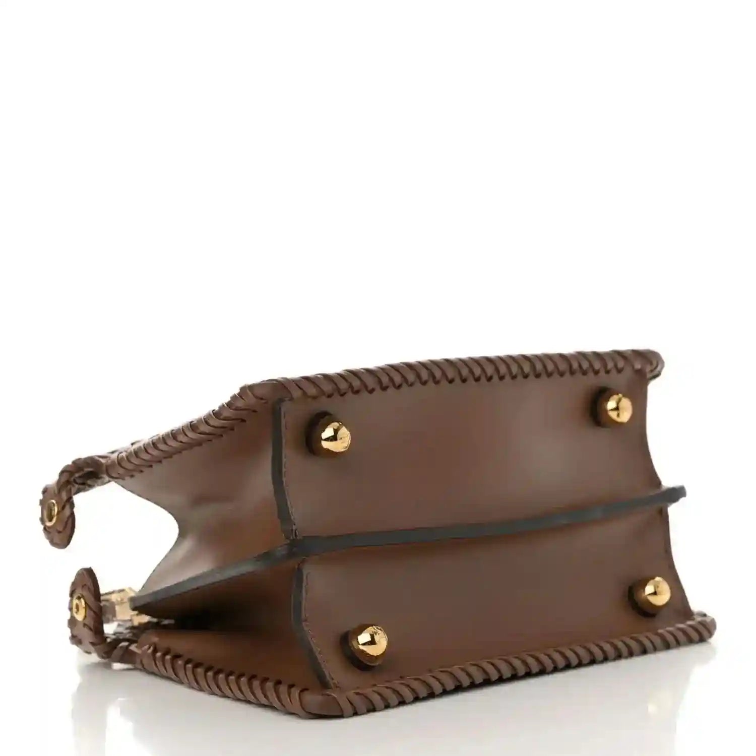 Brown woven leather satchel base with gold snap buttons and stitched edges