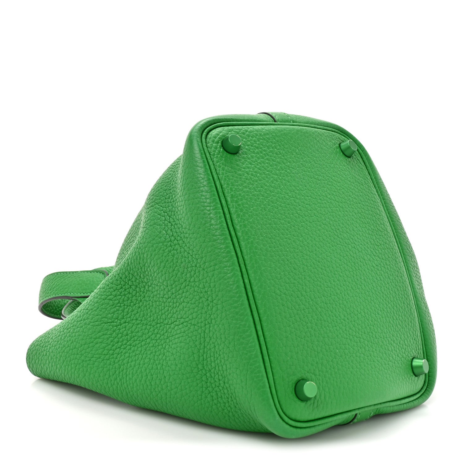 Green leather Picotin Lock 18 PM tote bag angled view of top panels and studs