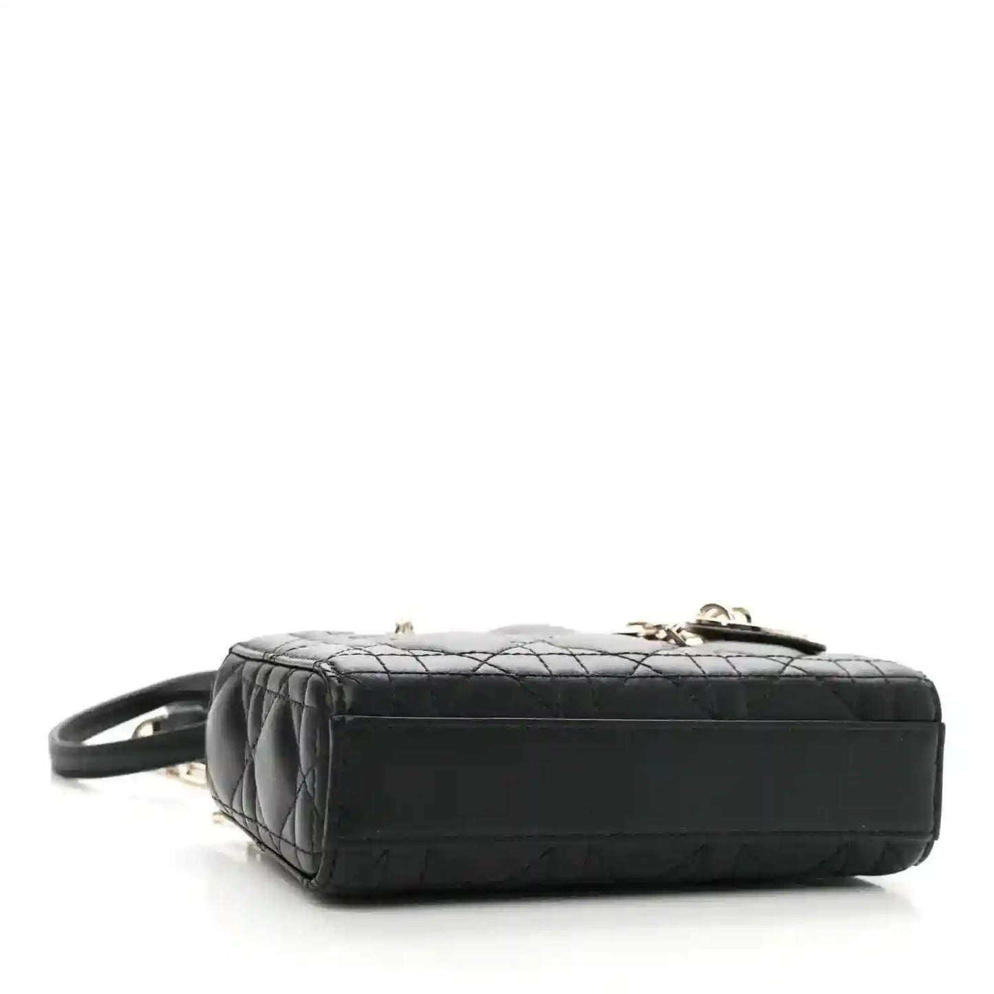 Black lambskin micro handbag with quilted top and short handle, rear view
