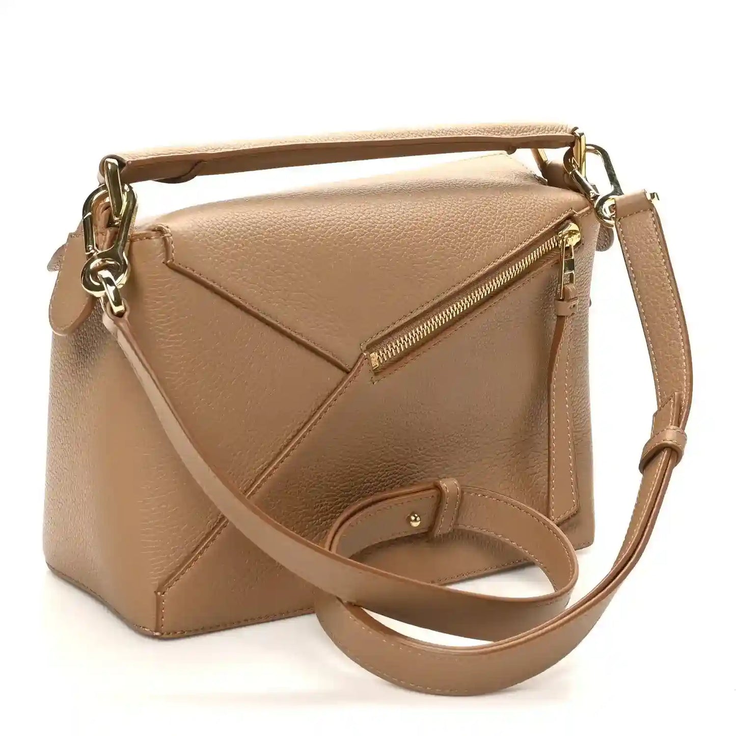 Loewe small Puzzle Edge bag with flap, gold hardware, and shoulder strap