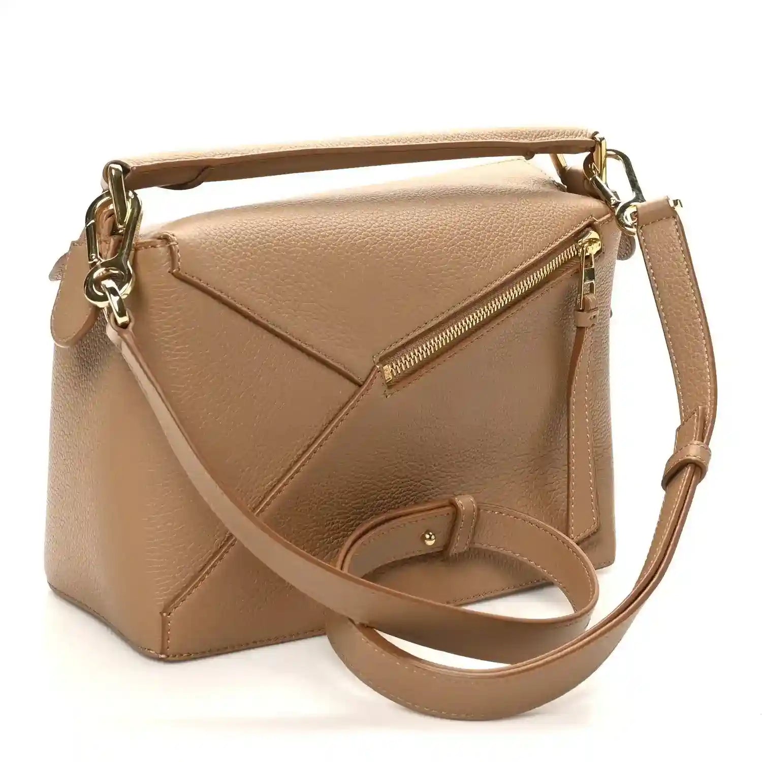 Loewe small Puzzle Edge bag with flap, gold hardware, and shoulder strap