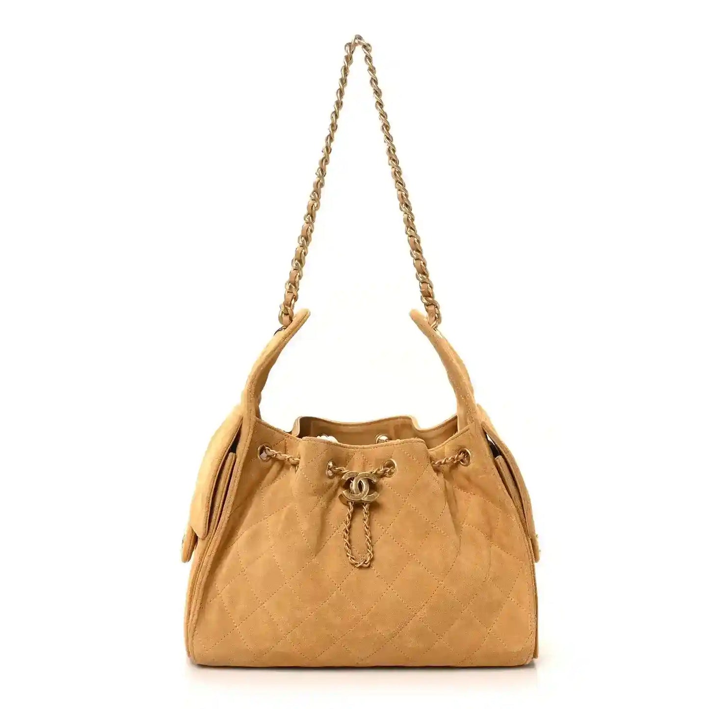 Chanel small quilted beige suede handbag with chain strap and aged gold hardware