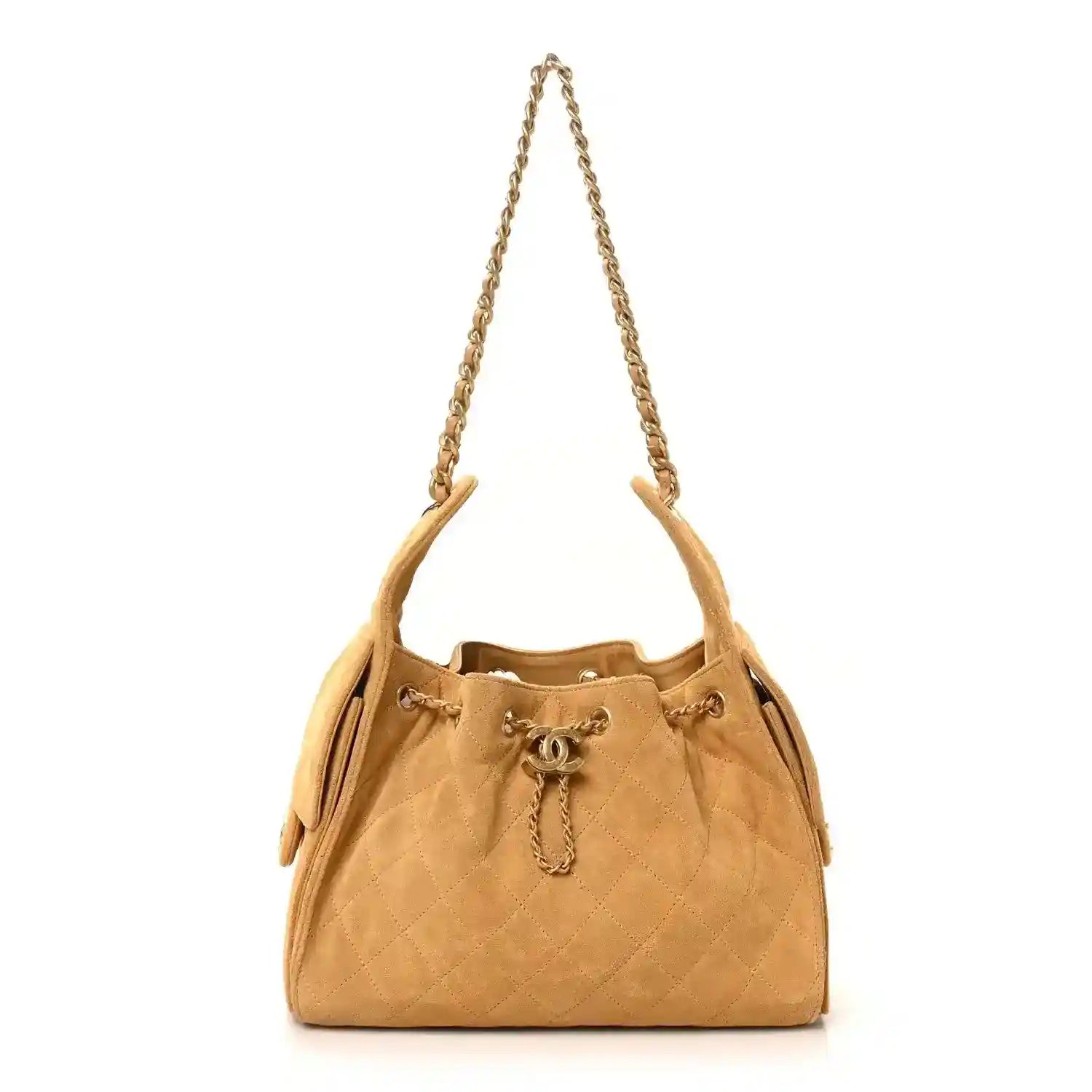 Chanel small quilted beige suede handbag with chain strap and aged gold hardware