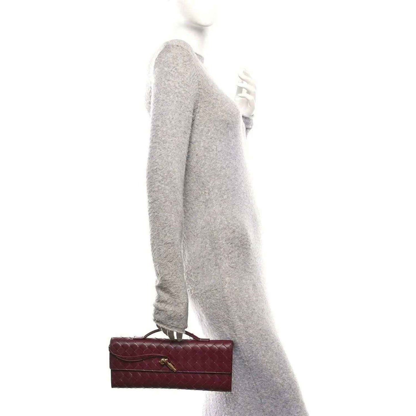 Bottega Veneta Nappa intrecciato long clutch, barolo, worn with short top handle
