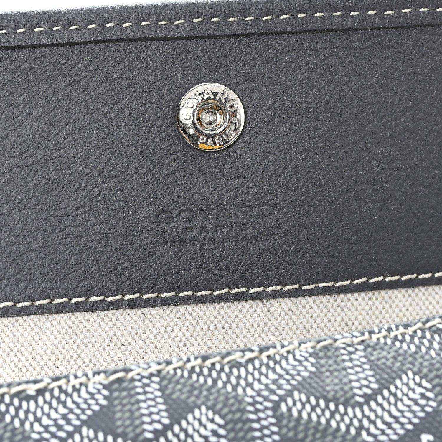 Grey canvas hobo bag with Goyard button detail and contrast stitched trim