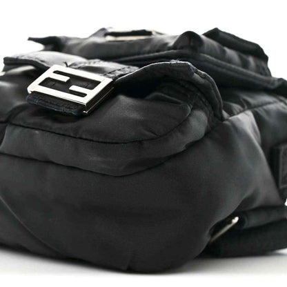 Fendi Econyl black nylon bag close-up showing logo patch on front fold-over flap