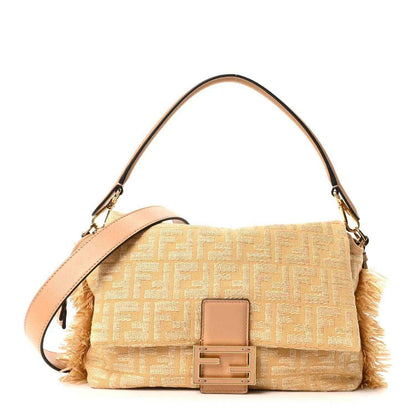 Fendi Mamma Baguette handbag in beige jacquard raffia with fringe, top handle