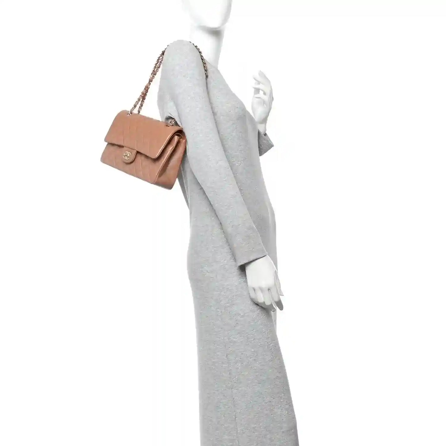 Chanel quilted lambskin double flap shoulder bag in tan-brown with chain strap