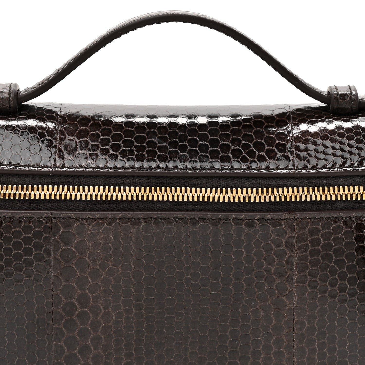 Loro Piana lizard leather pouch top edge with gold zipper and stitched handle attachment