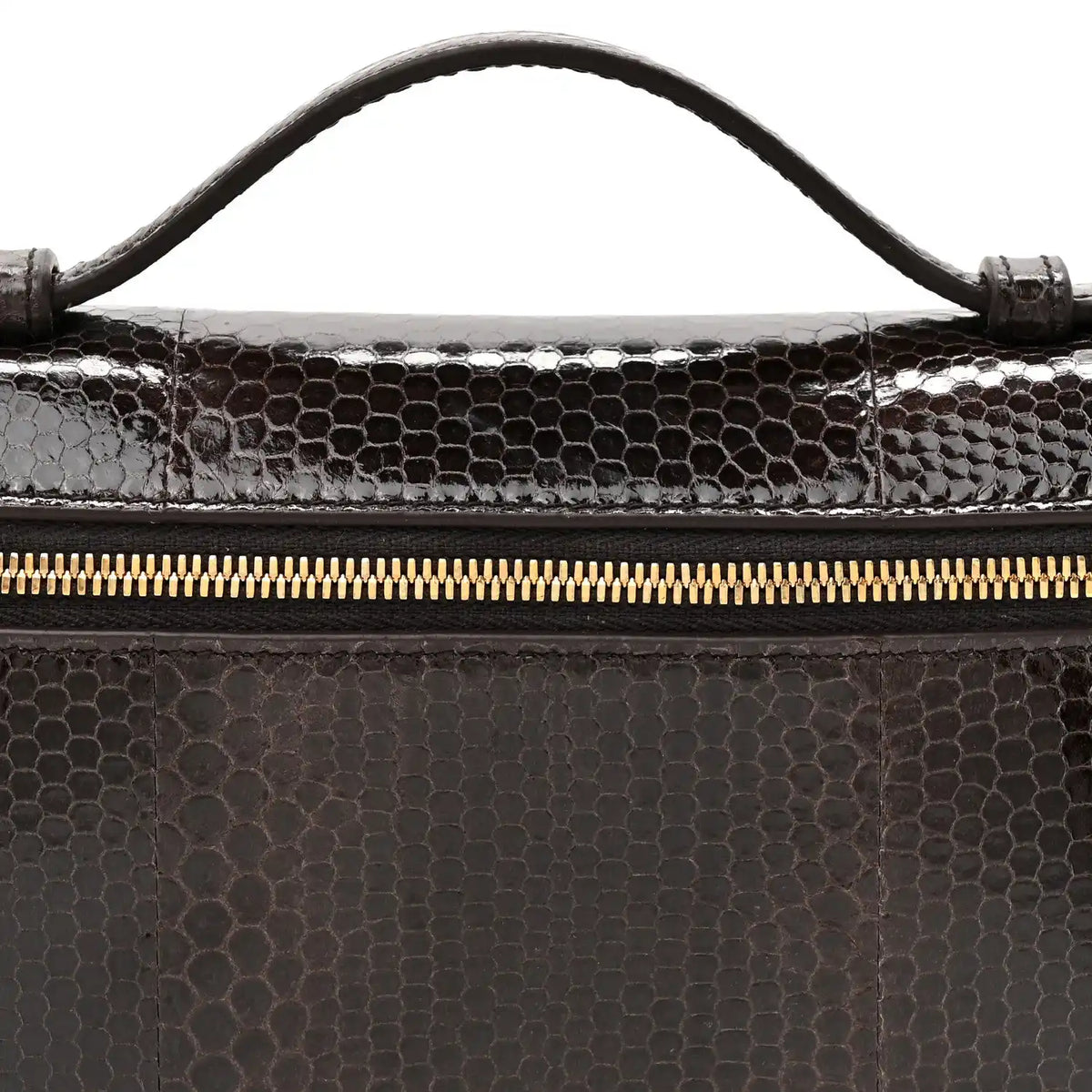 Loro Piana lizard leather pouch top edge with gold zipper and stitched handle attachment