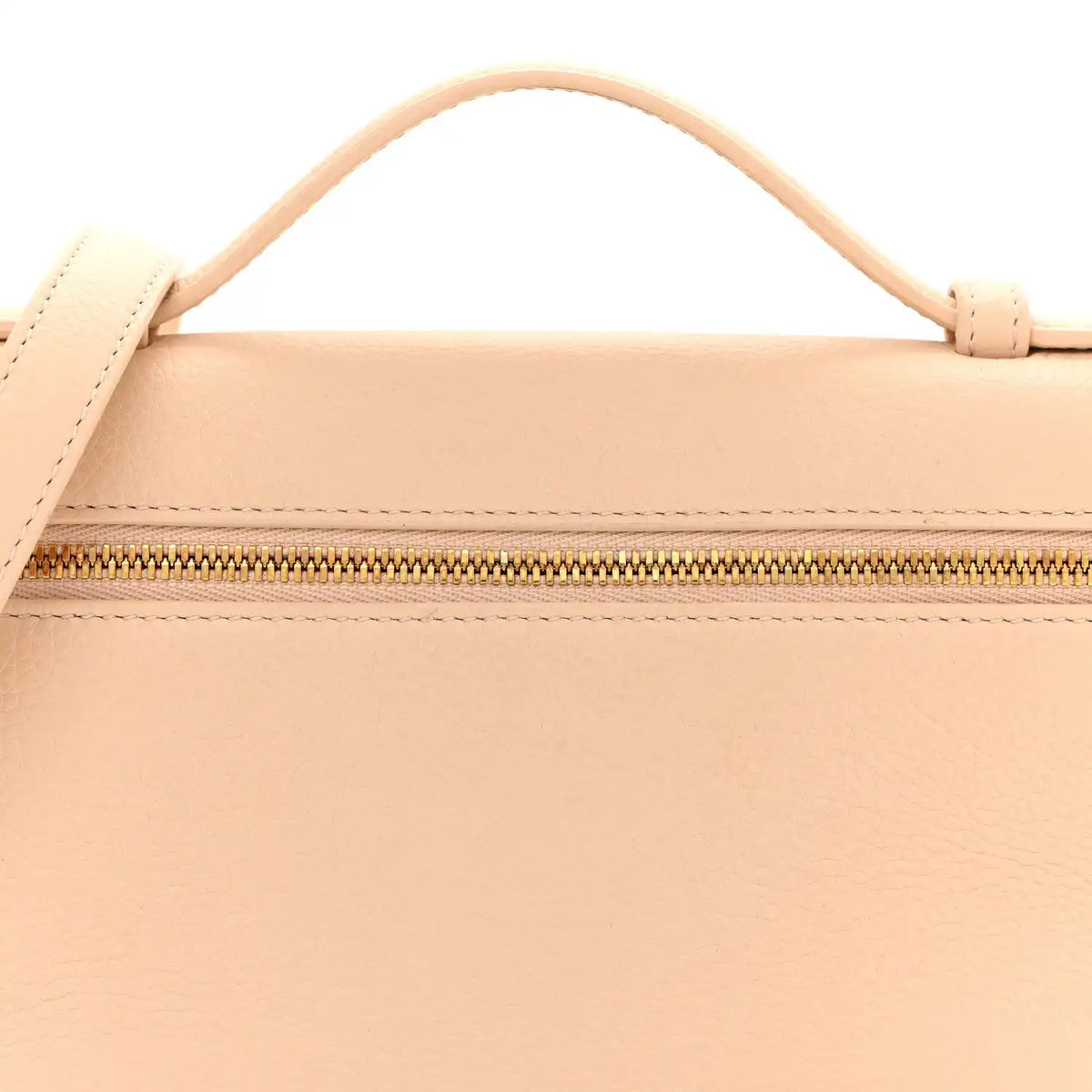 Cream grained leather pouch front with top zip and handle loops