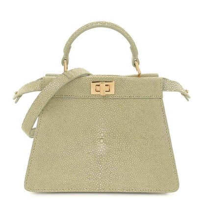 Fendi light green leather satchel with front buckle clasp and top handles