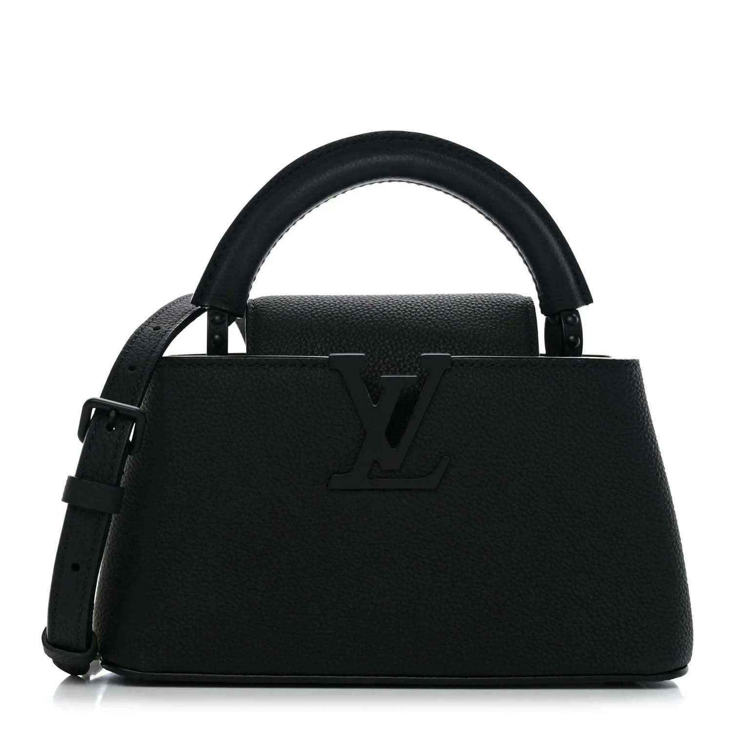 Black mini handbag with top handles and embossed LV logo on front