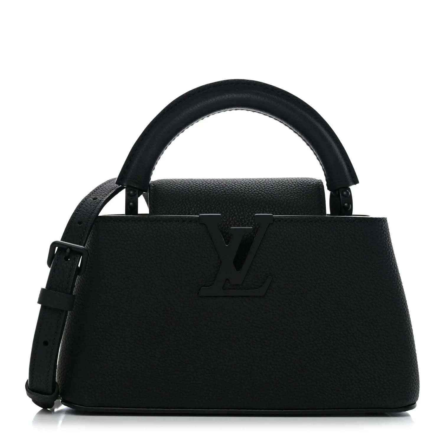 Black mini handbag with top handles and embossed LV logo on front