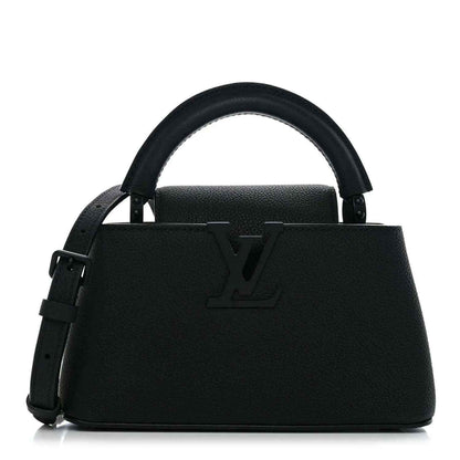 Black mini handbag with top handles and embossed LV logo on front