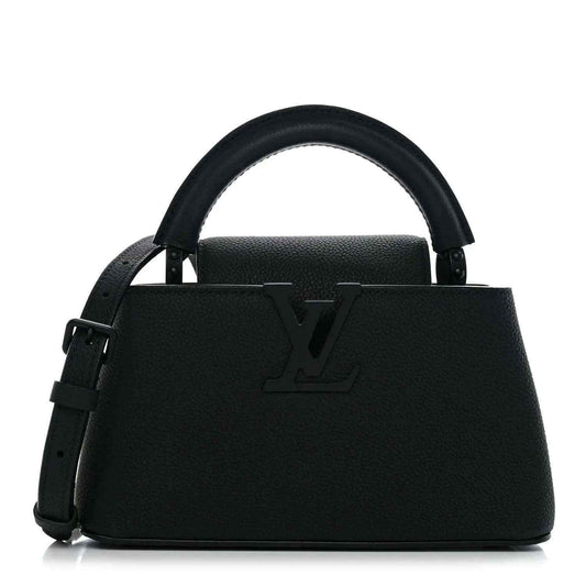 Black mini handbag with top handles and embossed LV logo on front