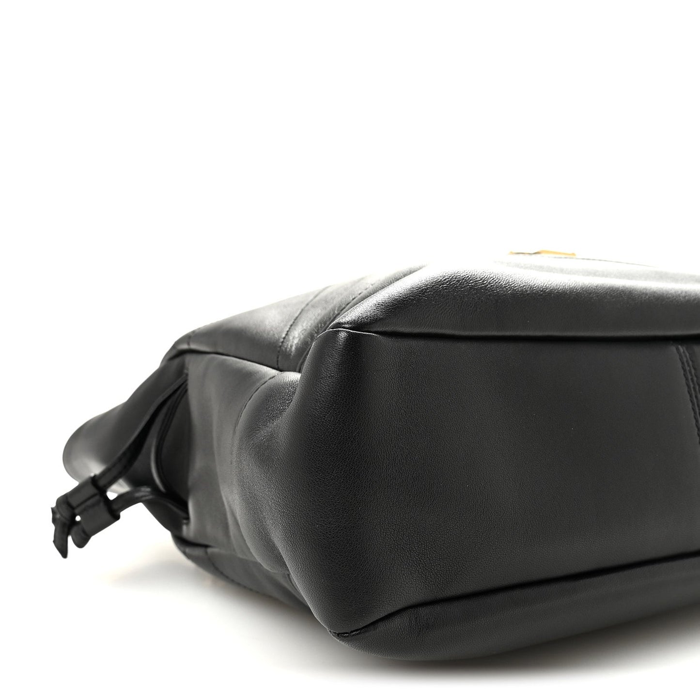 Black lambskin tote end view with braided drawstring bow and smooth leather base.