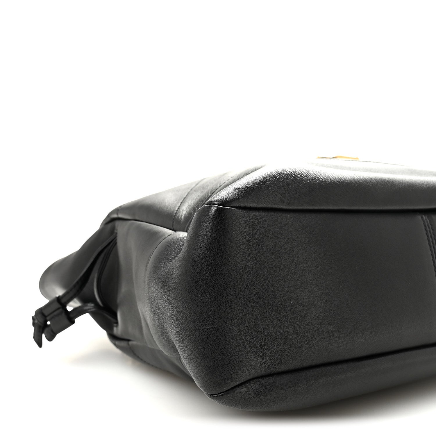 Black lambskin tote end view with braided drawstring bow and smooth leather base.