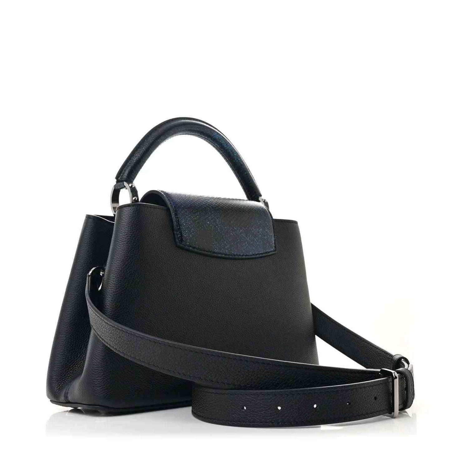 Black leather handbag with top handle, front pocket, and adjustable crossbody strap