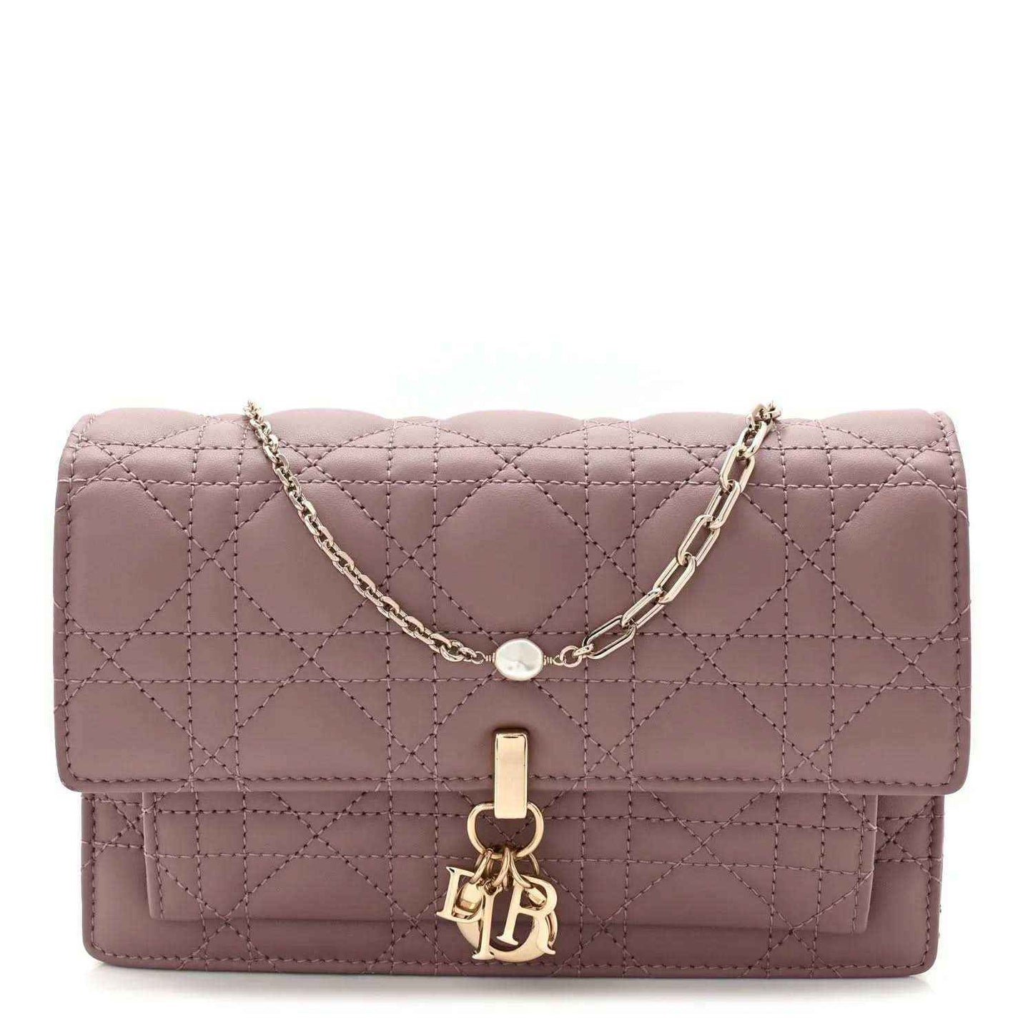 Purple quilted leather chain pouch bag with flap closure and gold-tone emblem hardware