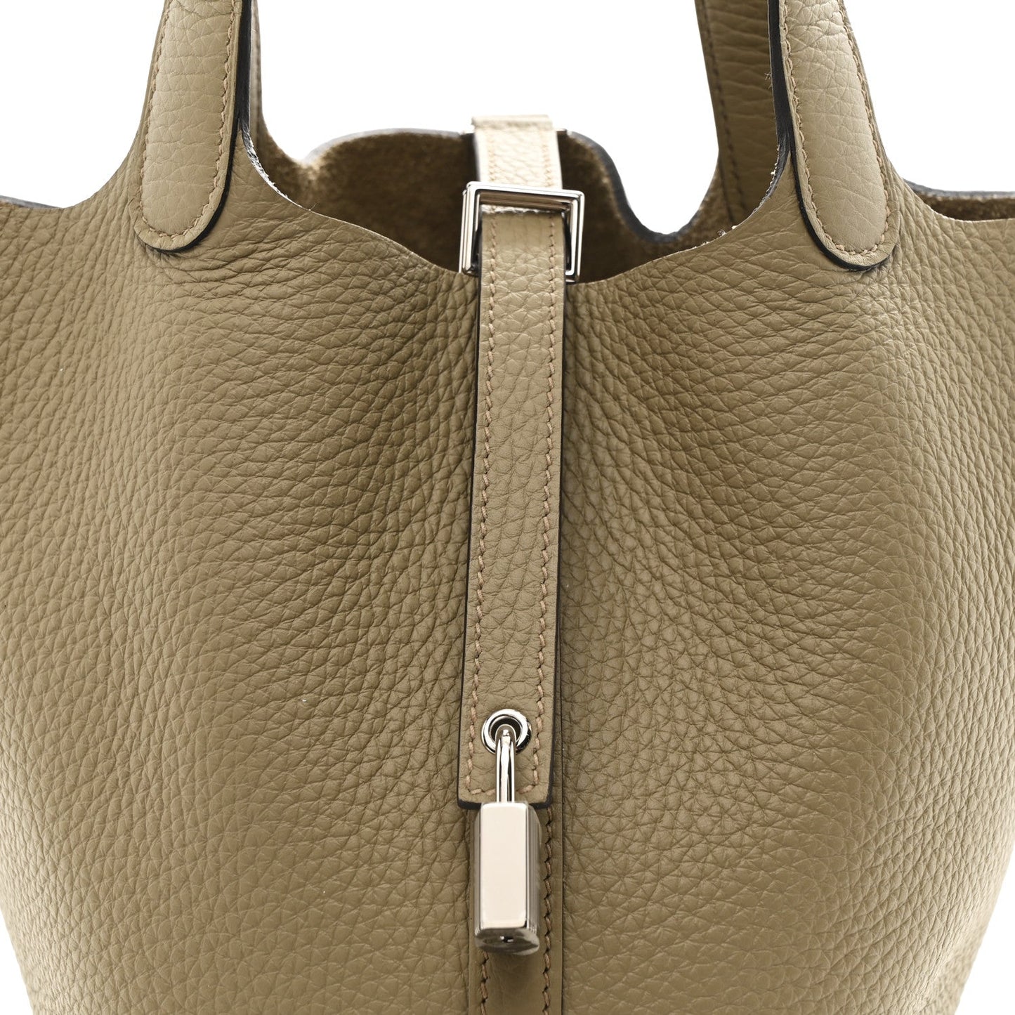 Beige leather tote front with silver-tone lock and keyhole detail
