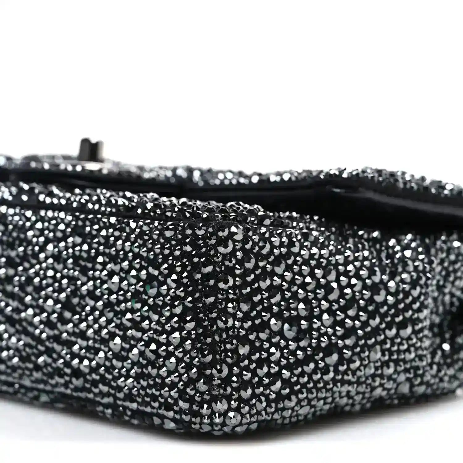 Black rhinestone small flap bag bottom edge with hinge post and curved profile