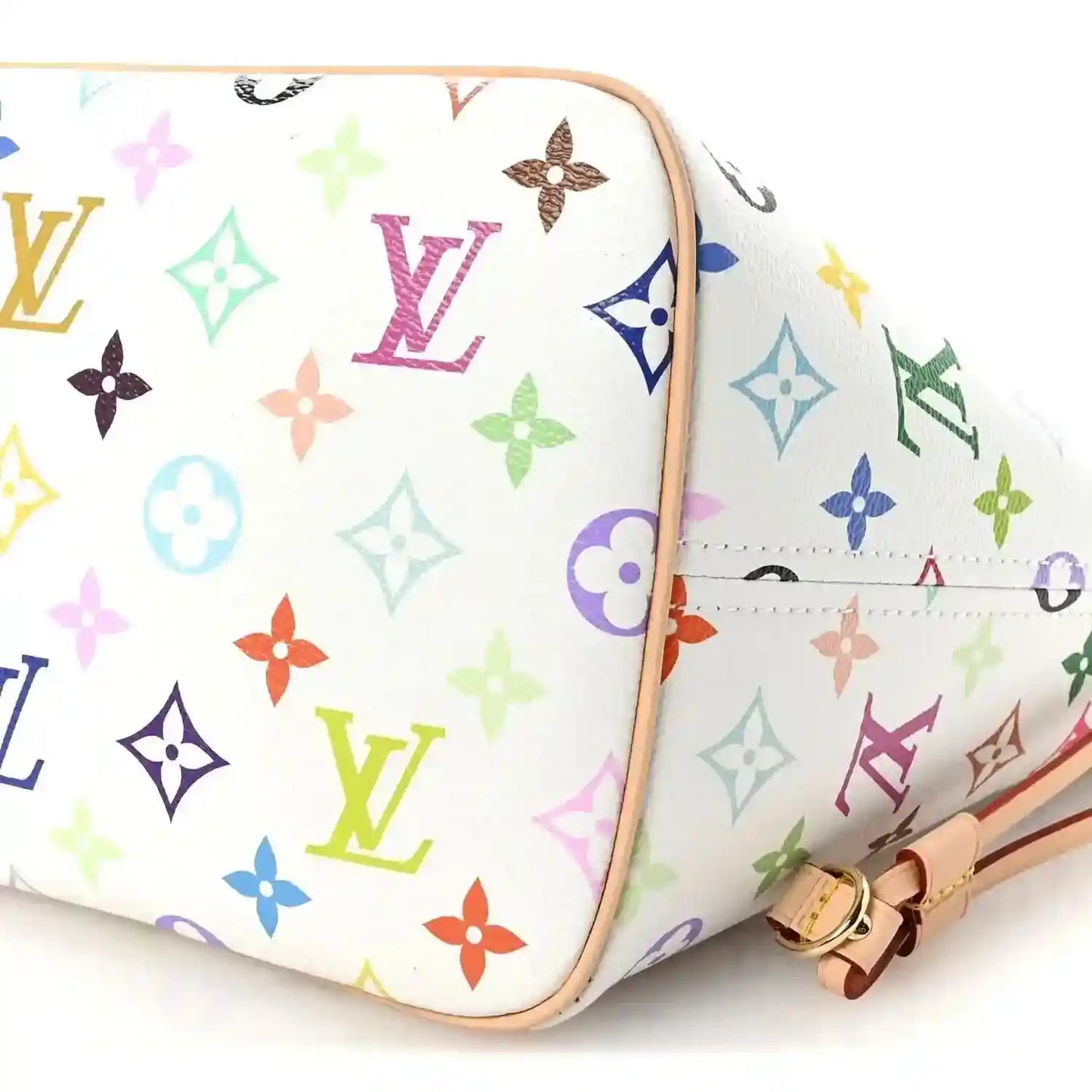 White multicolor monogram pouch with tan strap and gold-tone clasp