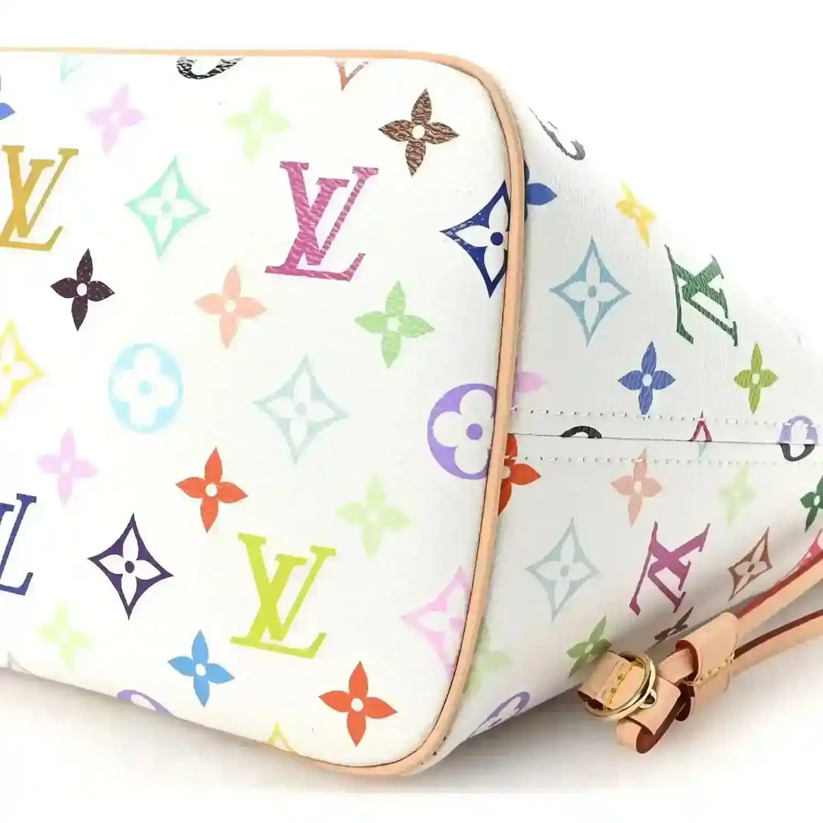 White multicolor monogram pouch with tan strap and gold-tone clasp