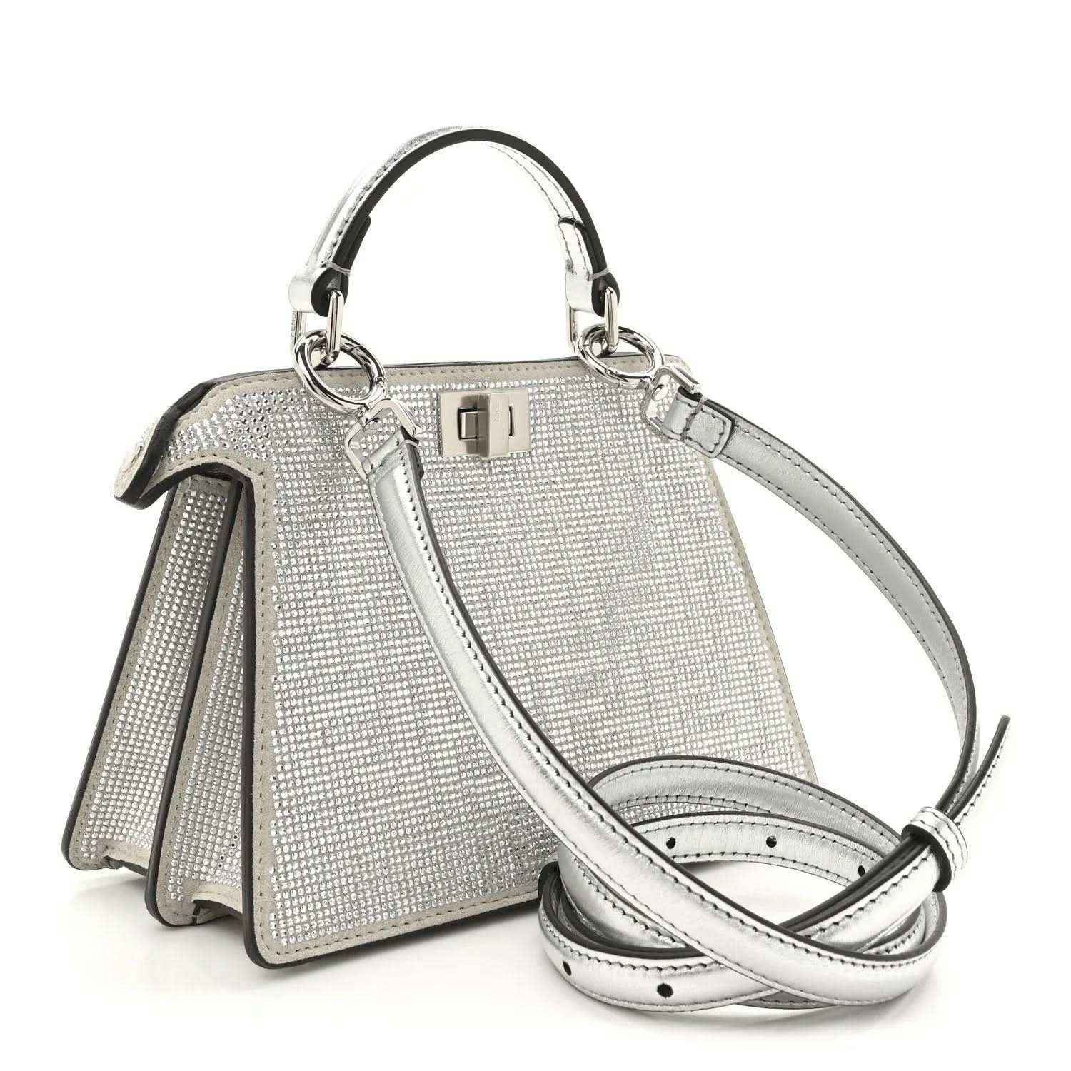 Crystal-embellished petite satchel with structured body, front turn-lock, and shoulder strap.