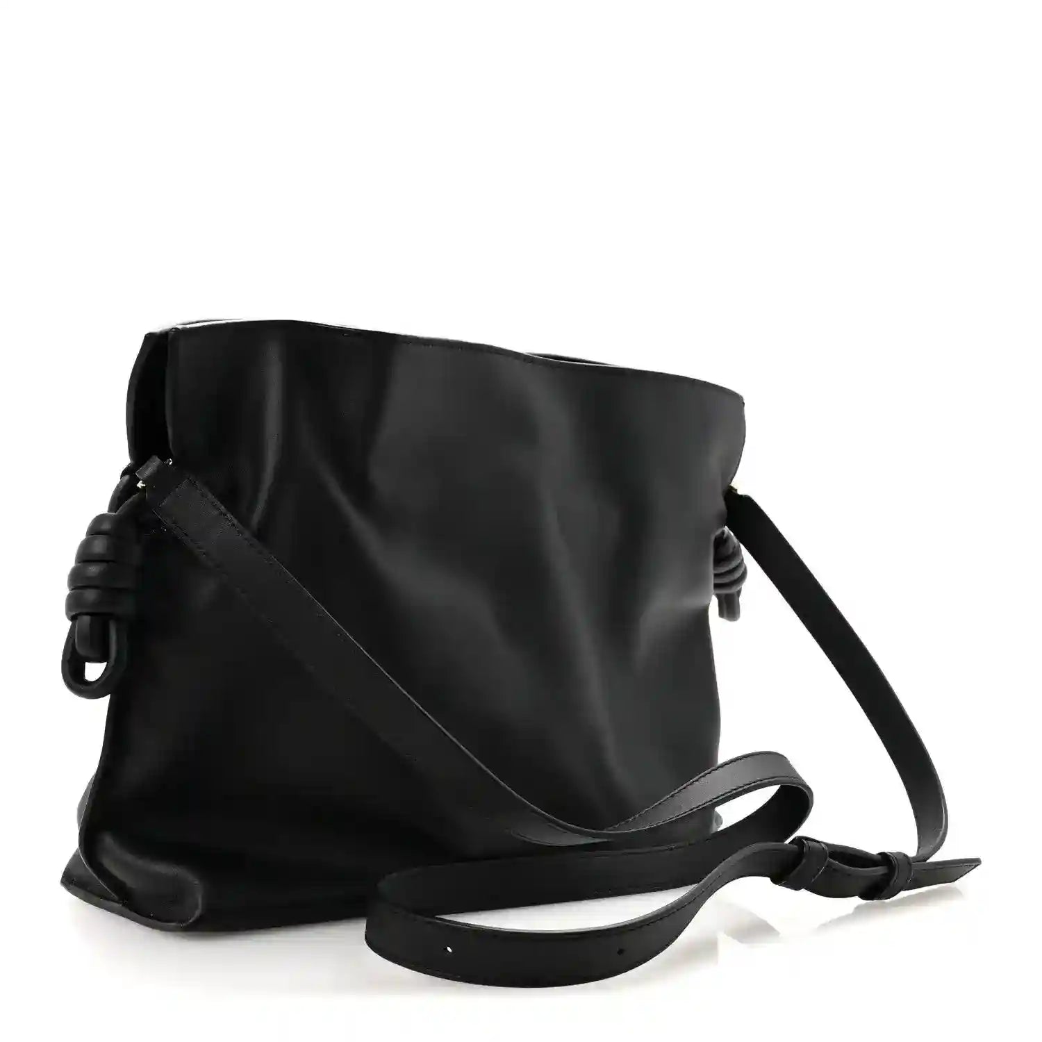 Black Nappa calfskin clutch bag with knot detail and long crossbody strap