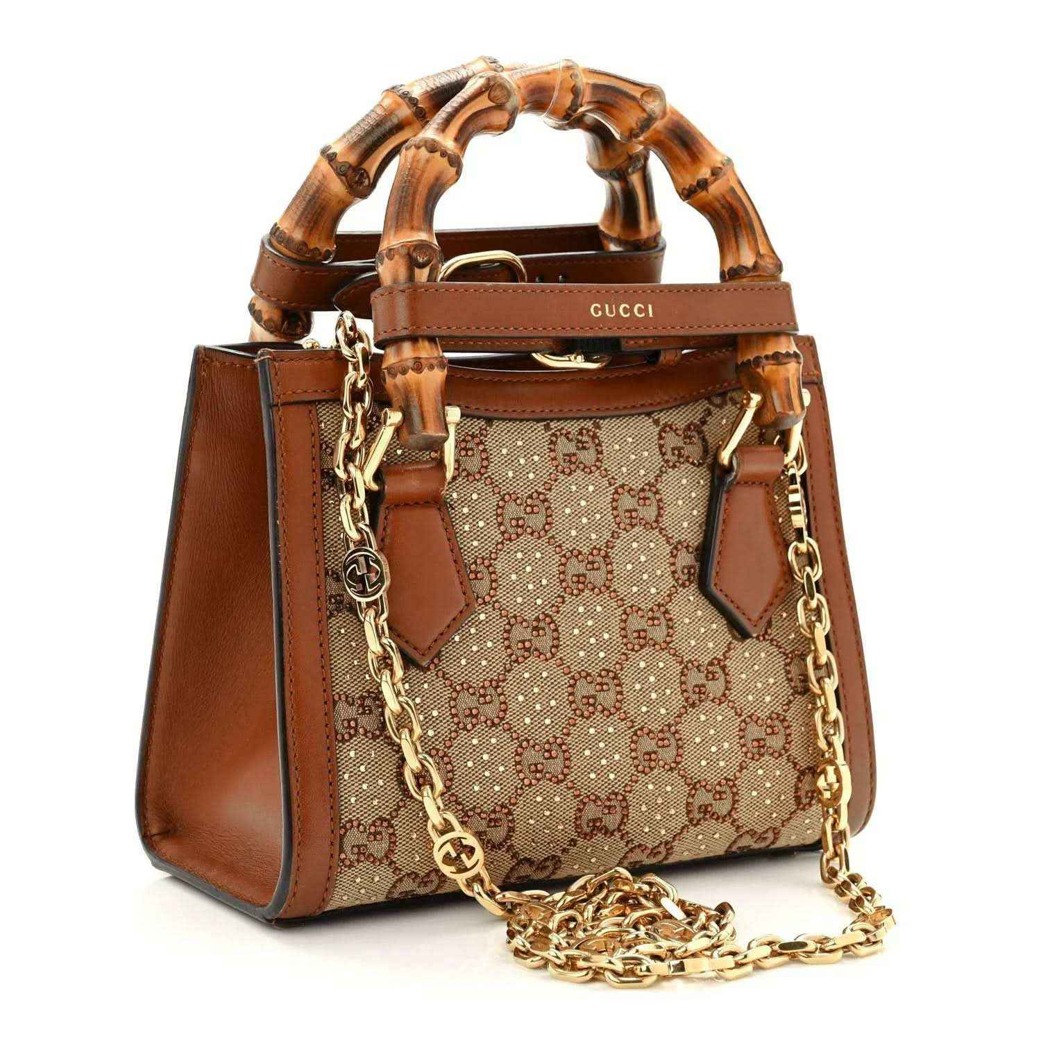 Gucci mini tote bag with GG monogram canvas, brown leather panels, chain strap.