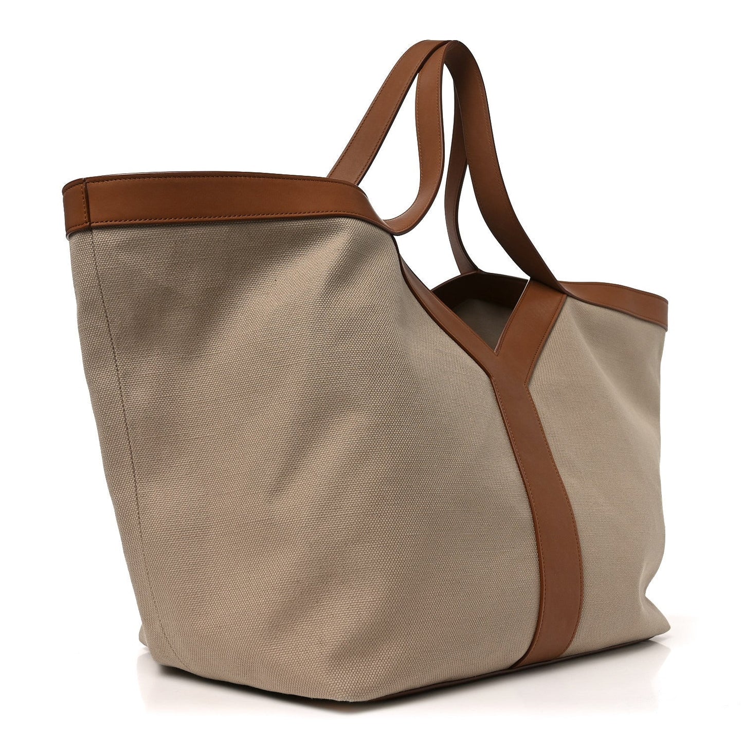 Canvas tote bag beige with brown leather handles and side panel, open top