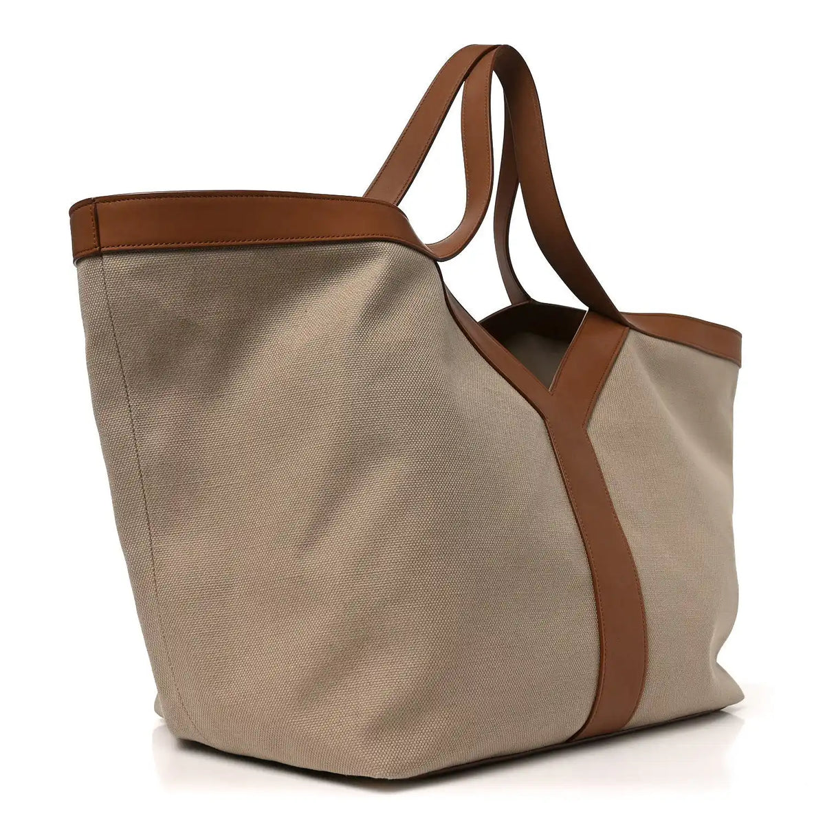 Canvas tote bag beige with brown leather handles and side panel, open top