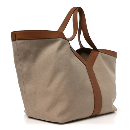 Canvas tote bag beige with brown leather handles and side panel, open top