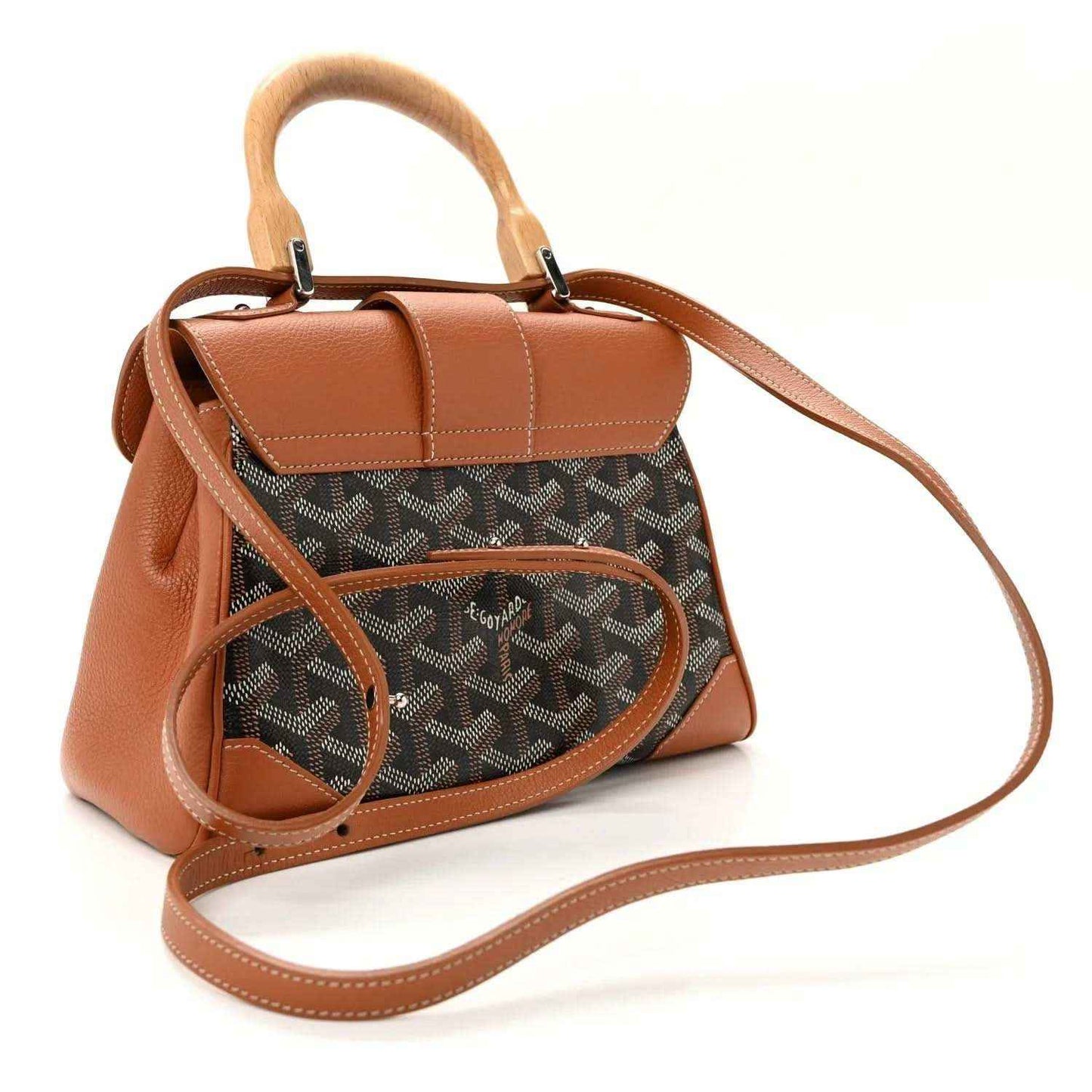 Mini Saigon bag with shoulder strap, brown leather top, patterned canvas side panels