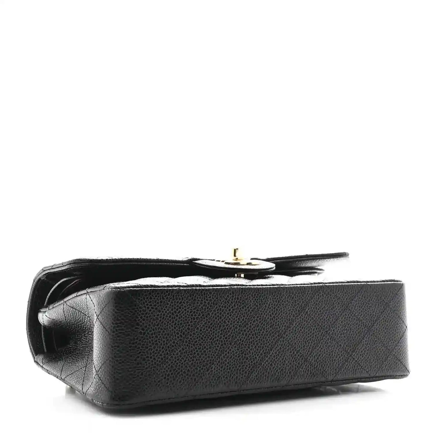 Chanel small double flap bag, black leather, side view with gold turn-lock hardware