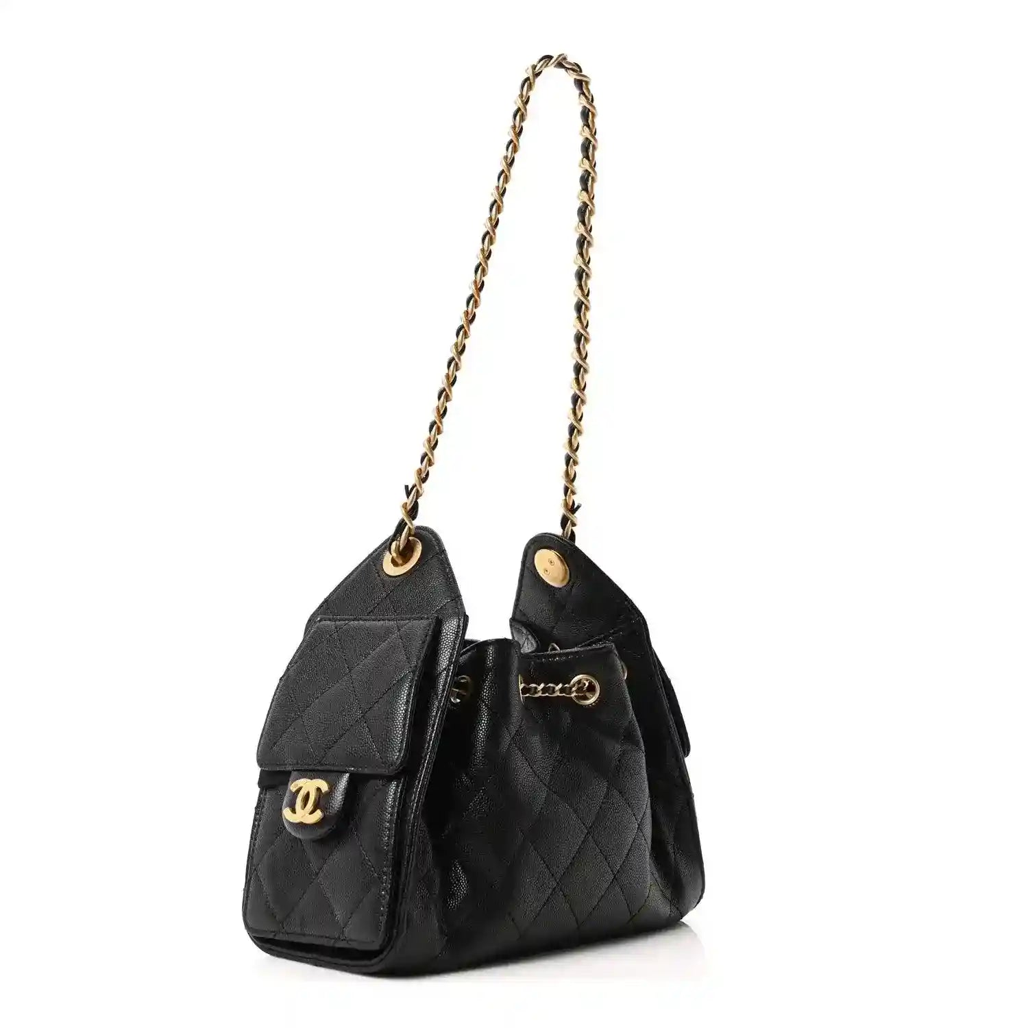 Black leather quilted mini handbag with gold chain handle and Chanel CC front