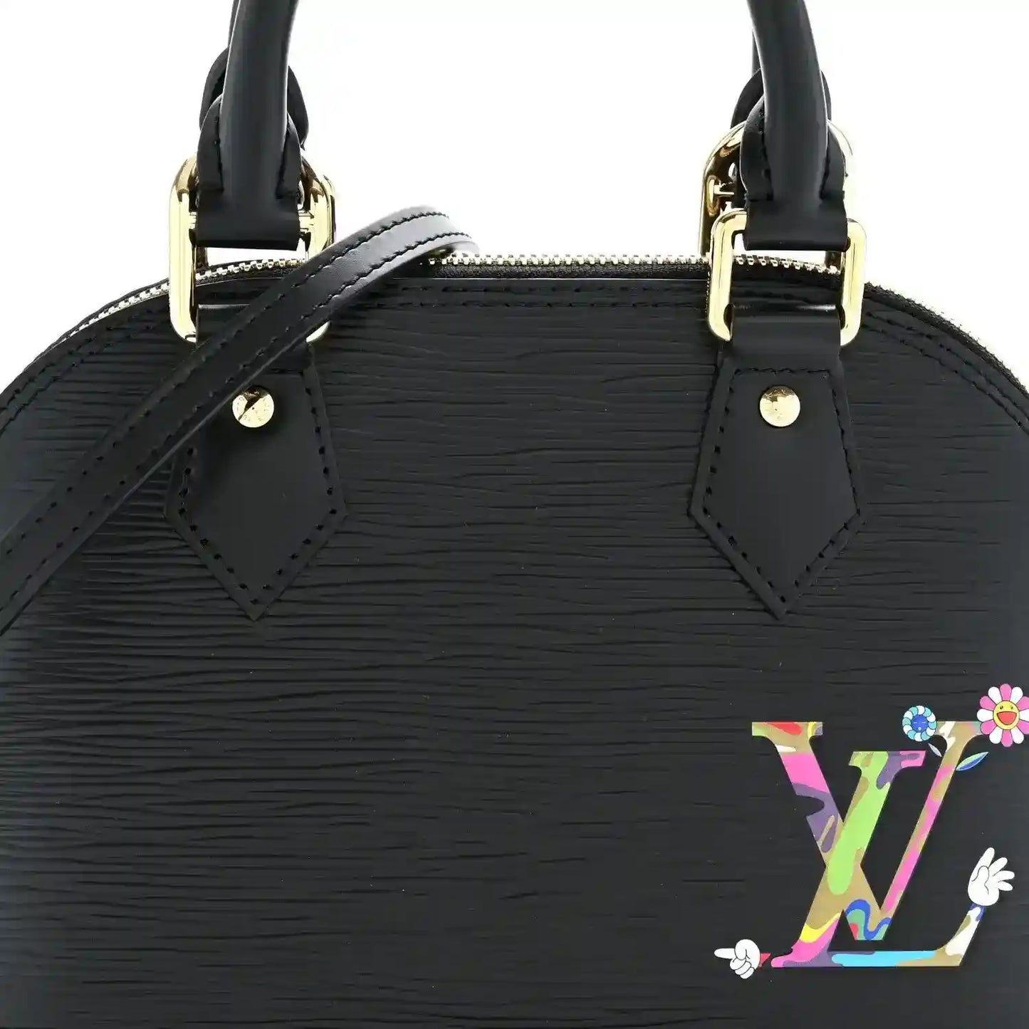 Black textured handbag front with top handles, crossbody strap, and multicolor LV emblem
