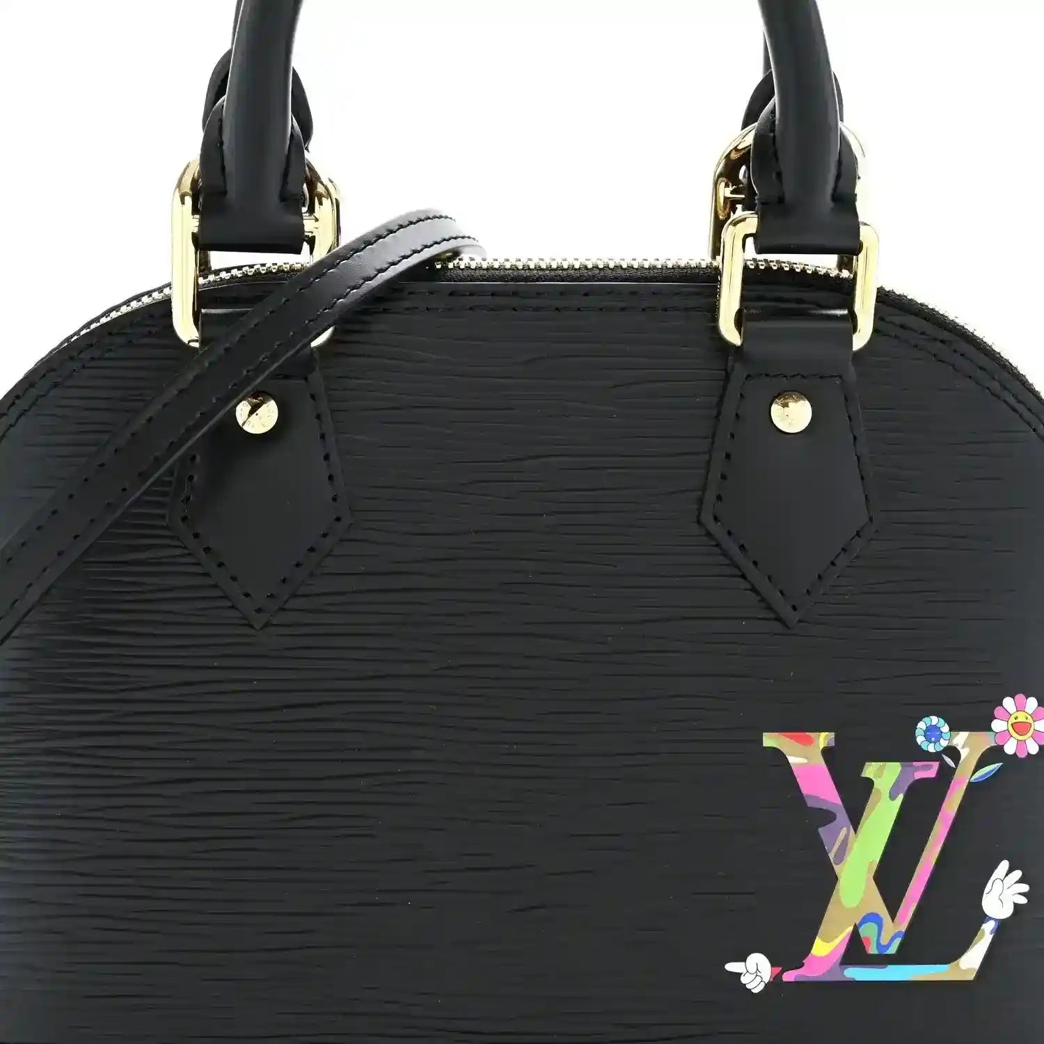 Black textured handbag front with top handles, crossbody strap, and multicolor LV emblem