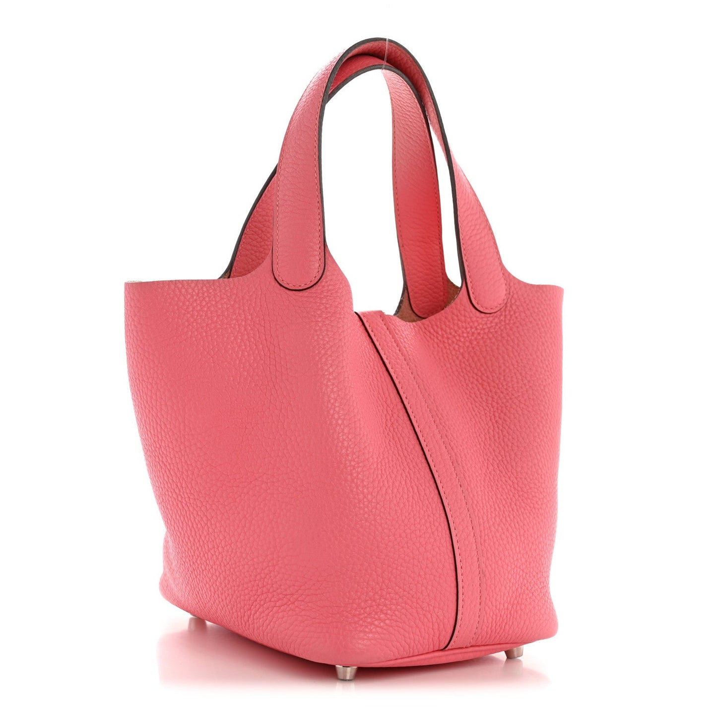 Pink leather tote bag with top handles and side seam detail