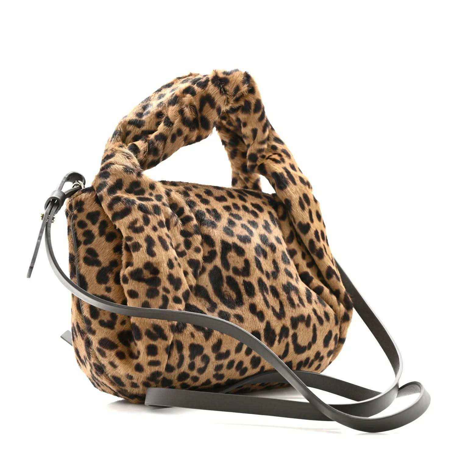 Leopard-print mini spy bag with top handle, curved front flap, and black crossbody strap.