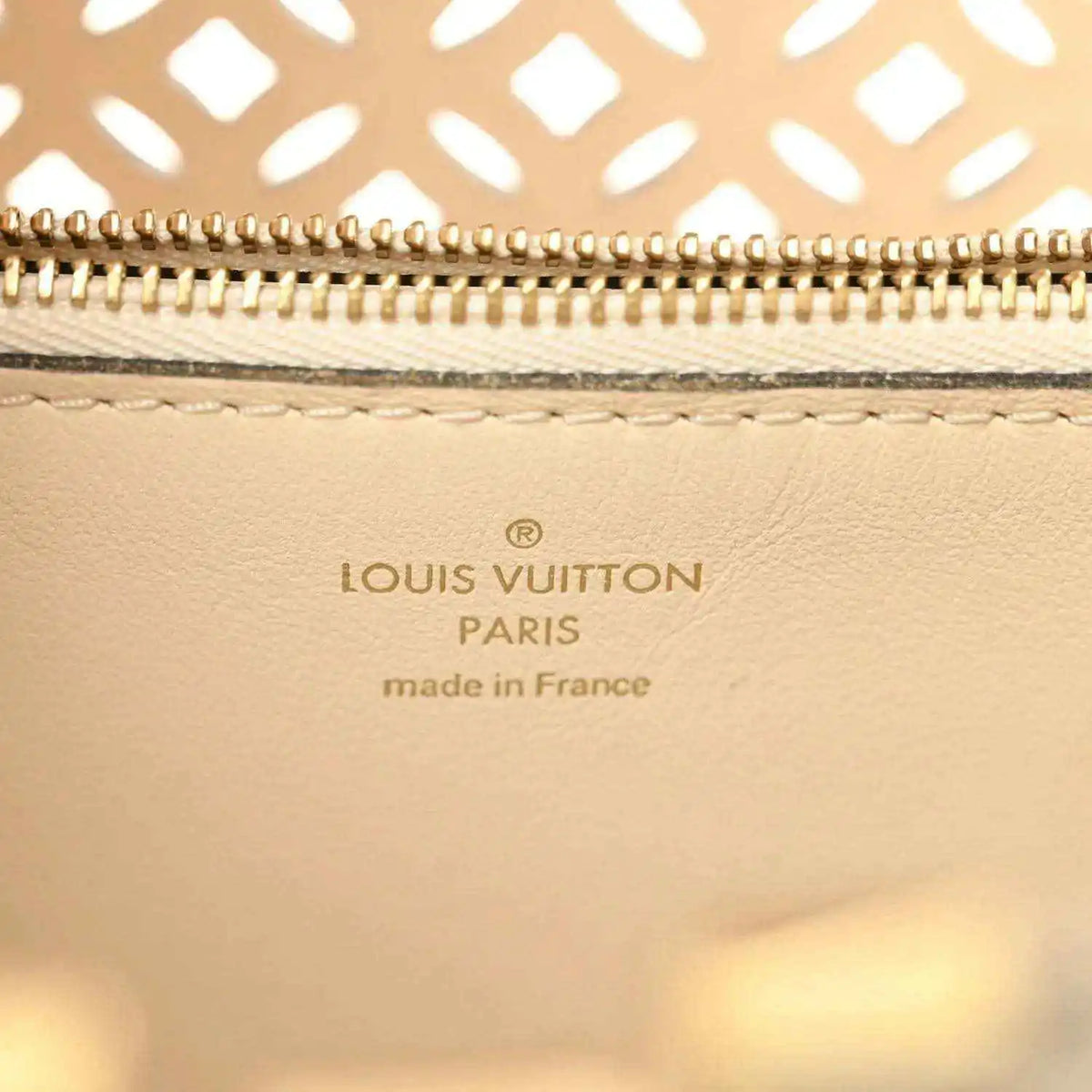 Louis Vuitton handbag interior leather stamp with gold zipper trim