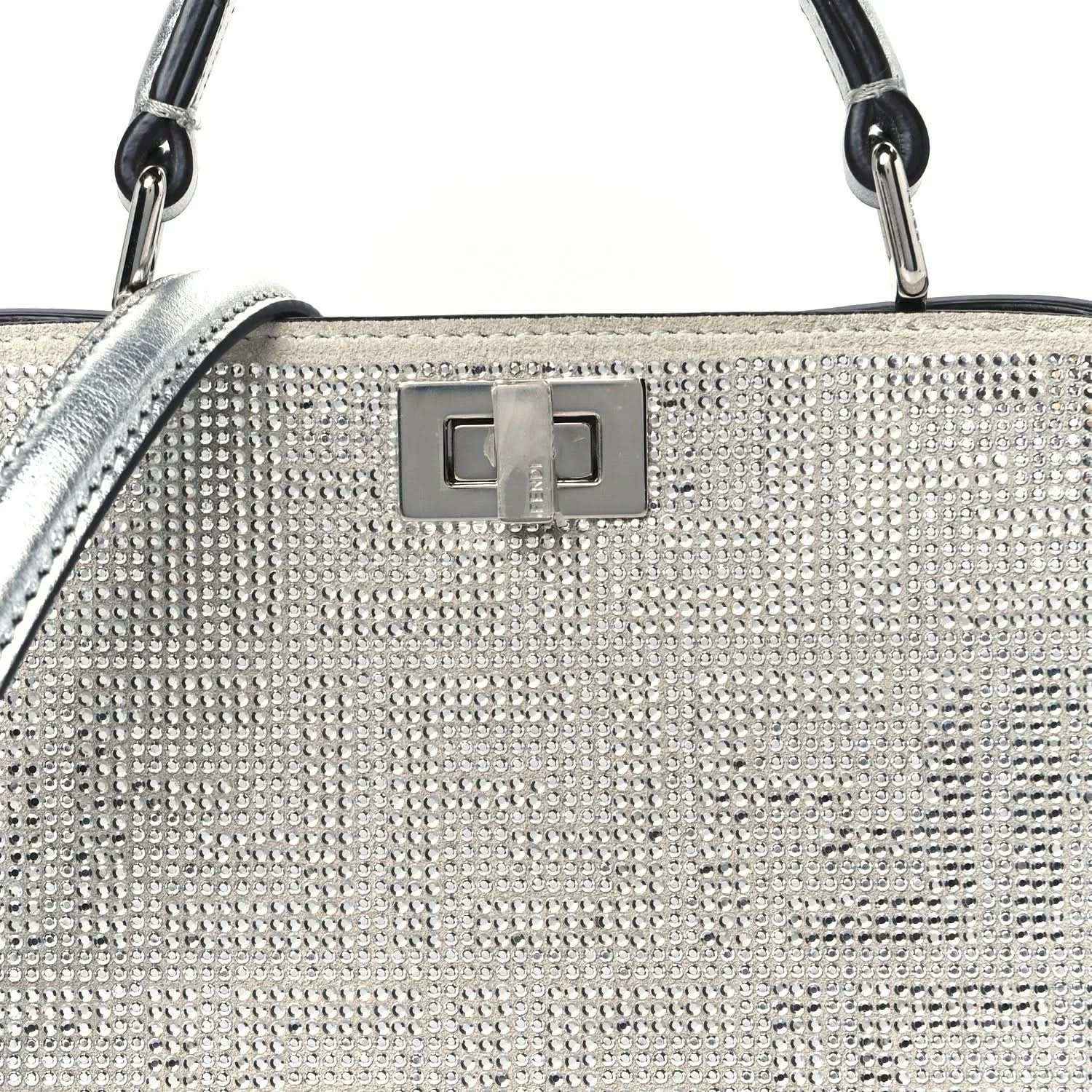 Fendi crystal-embellished satchel front lock with rectangular emblem, silver tone