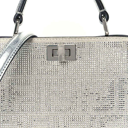Fendi crystal-embellished satchel front lock with rectangular emblem, silver tone