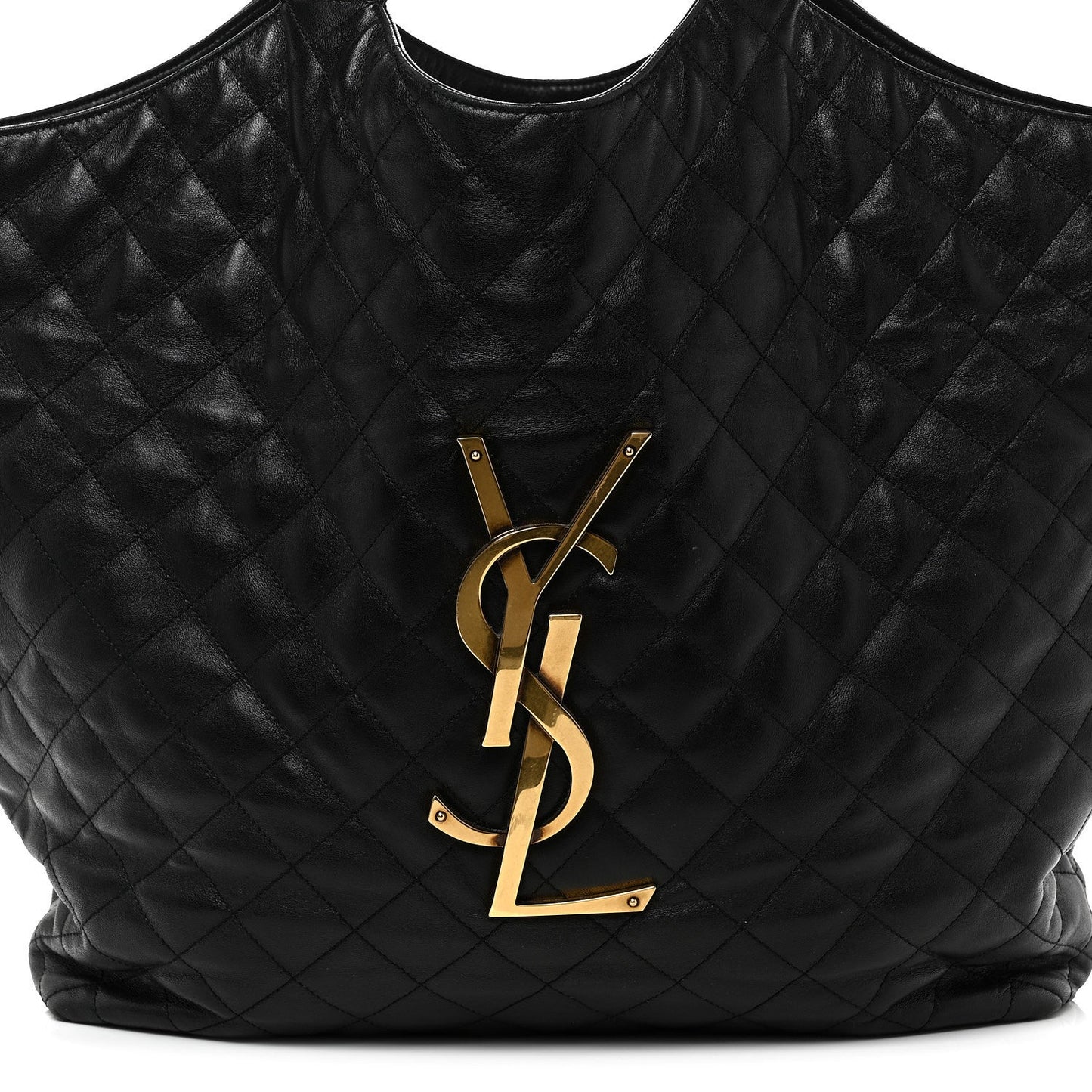 Black quilted leather tote front with large gold-tone YSL logo